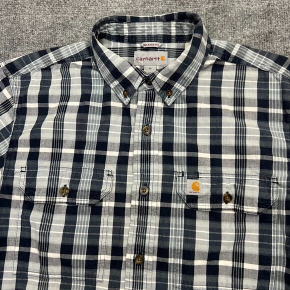 Carhartt Shirt Mens M Gray Navy Plaid Relaxed Workwear Short Sleeve Button Down - Picture 4 of 9